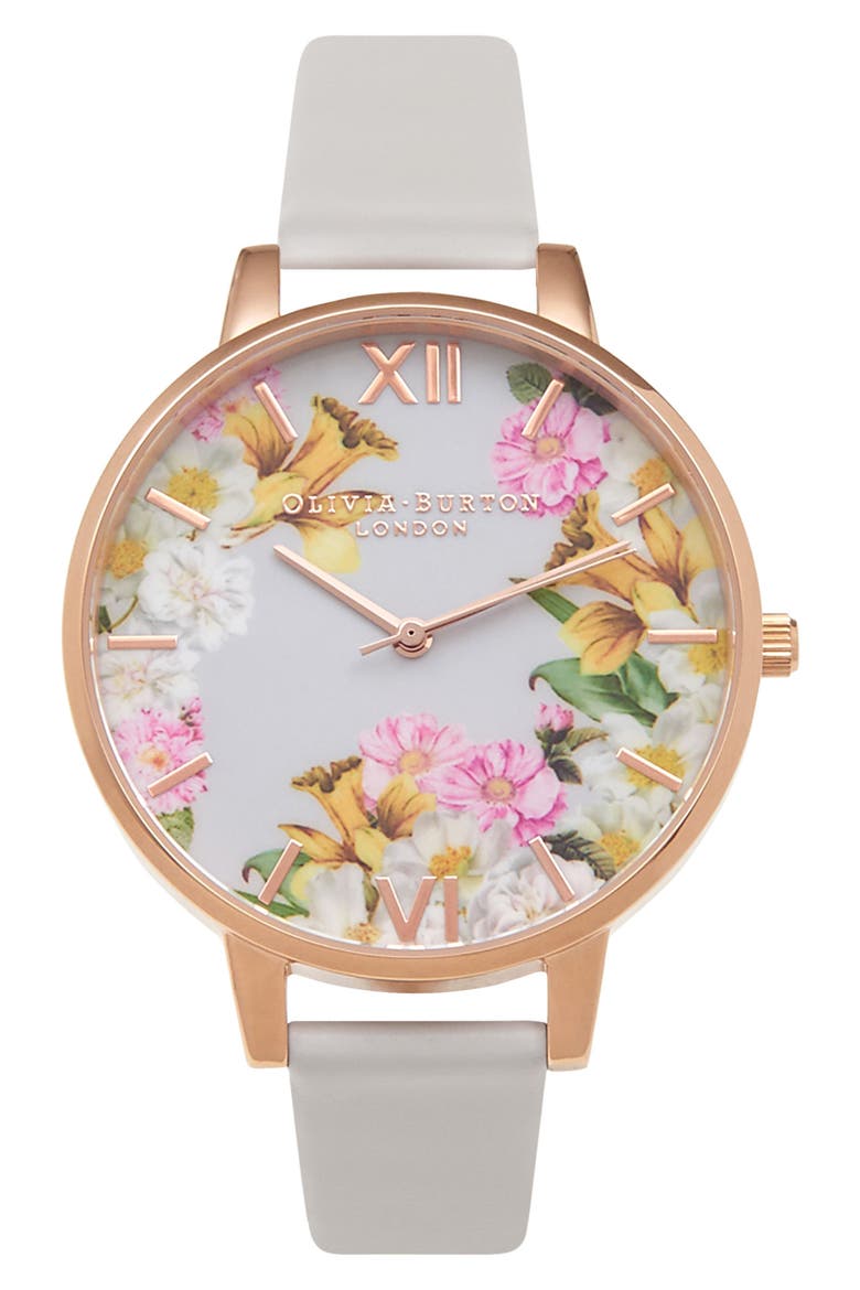 Flower Show Leather Strap Watch, 38mm, Main, color, BLUSH/ FLORAL/ ROSE GOLD