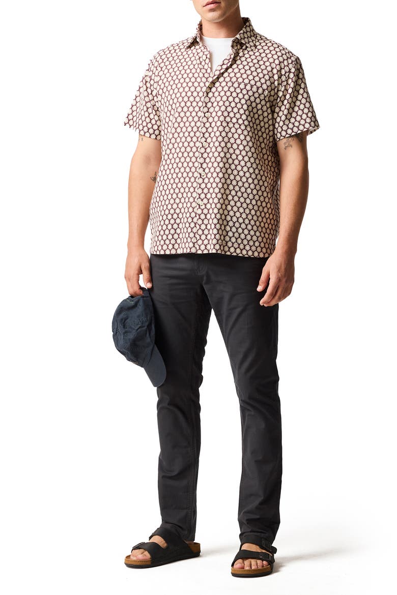 Nelson Creek Neat Floral Print Short Sleeve Cotton Button-Up Shirt, Alternate, color, BURGUNDY