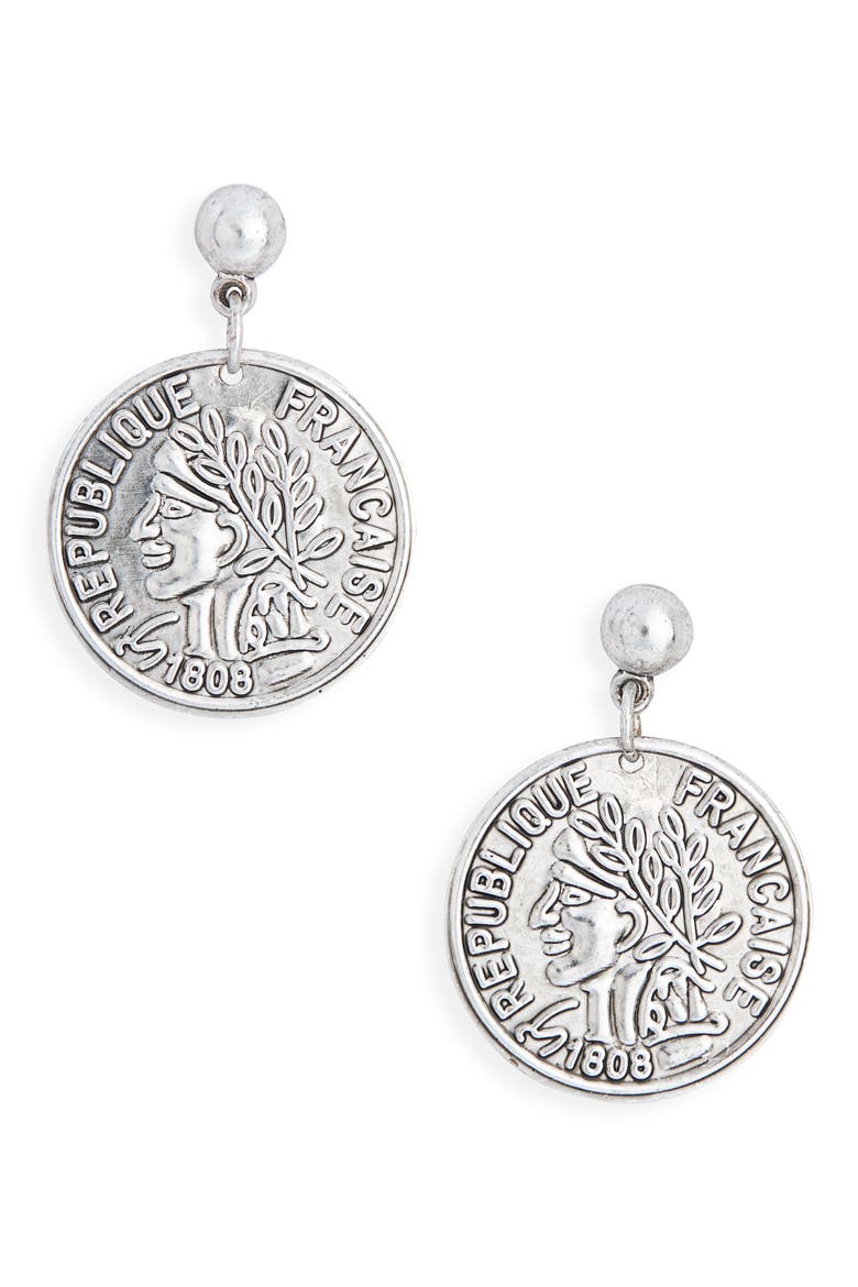 French Coin Drop Earrings, Main, color, SILVER