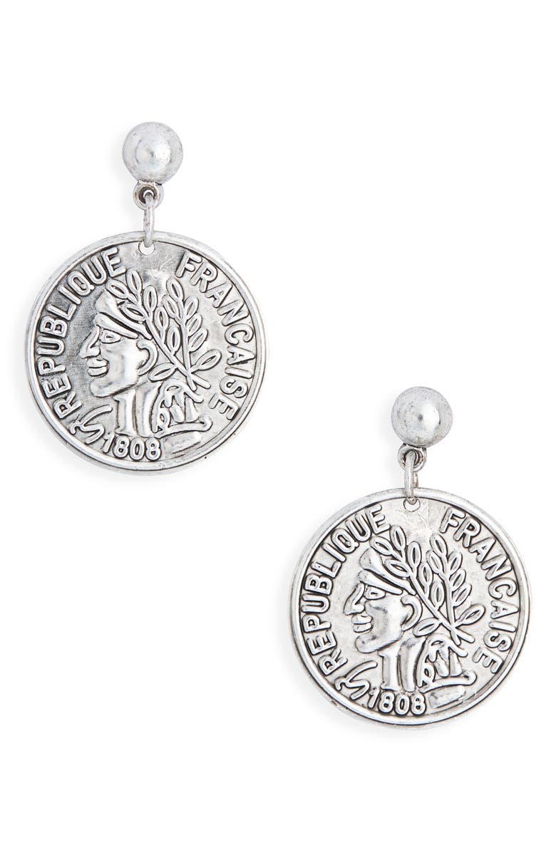 Karine Sultan French Coin Drop Earrings, Main, color, Silver