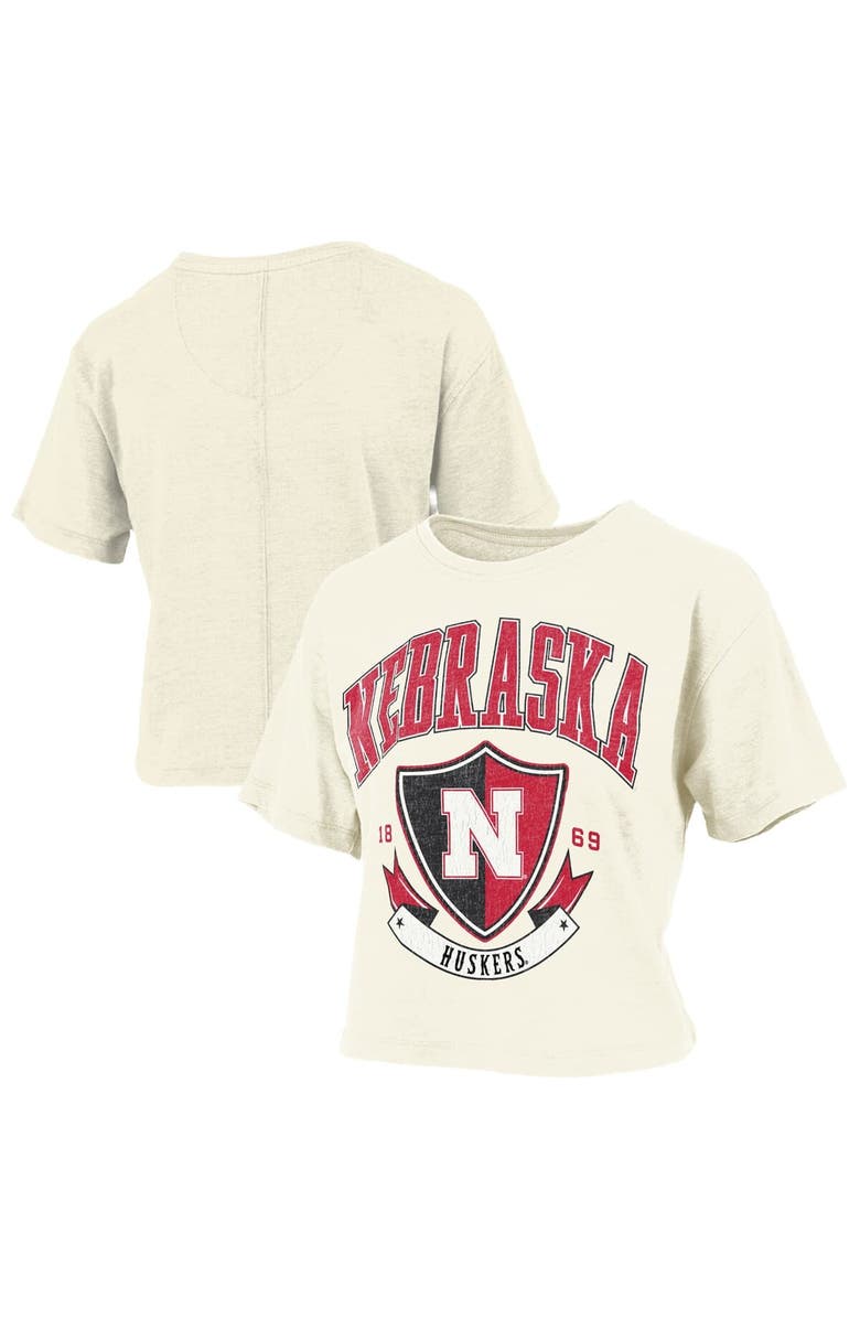 PRESSBOX Women's Pressbox Cream Nebraska Huskers Buckler Vintage Cropped T-Shirt, Alternate, color, 