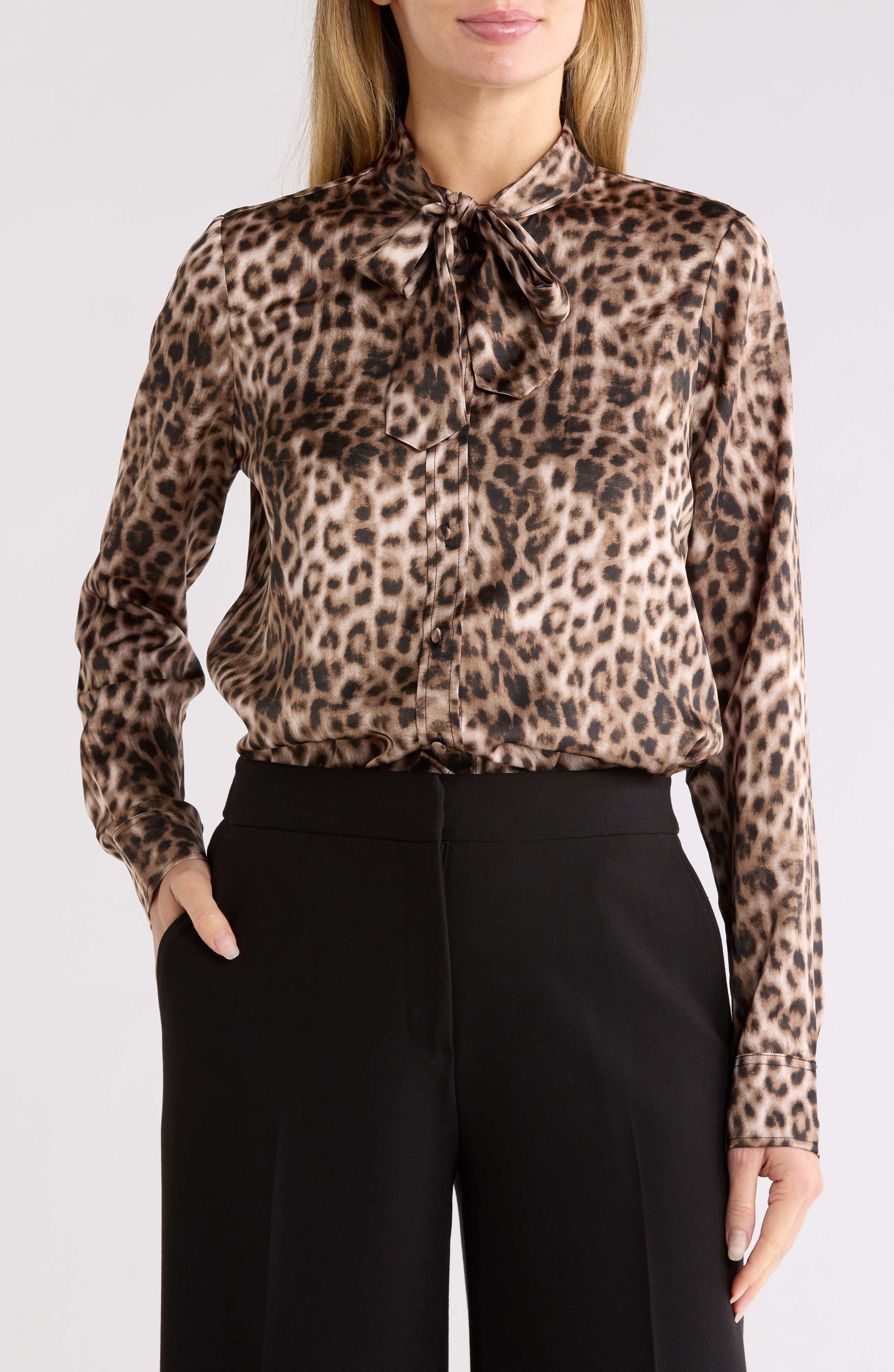 Leopard Print Satin Tie Neck Shirt