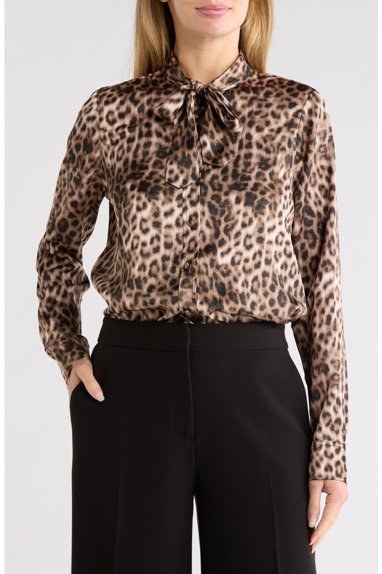Leopard Print Satin Tie Neck Shirt, Main, color, BIRCH/ TRAVERTINE MULTI
