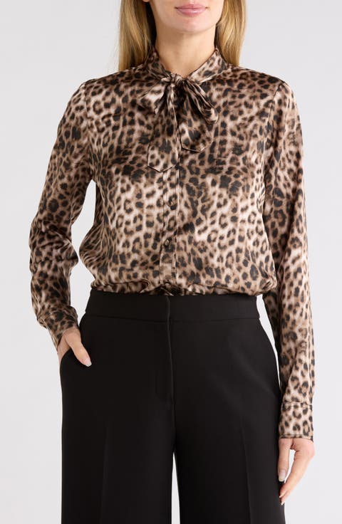 Leopard Print Satin Tie Neck Shirt