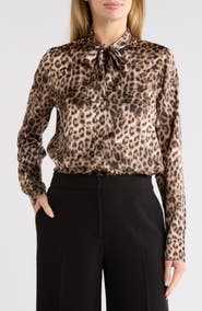 DKNY Leopard Print Satin Tie Neck Shirt