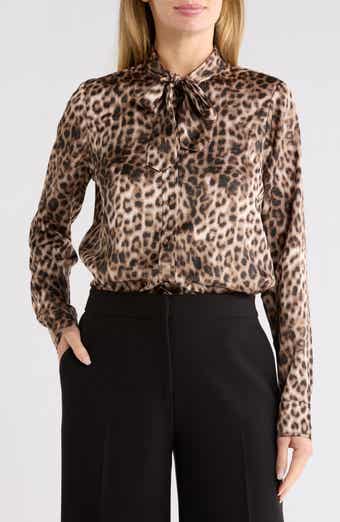 Leopard Print Satin Tie Neck Shirt