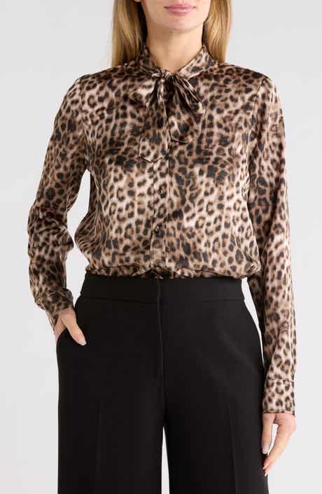 Leopard Print Satin Tie Neck Shirt