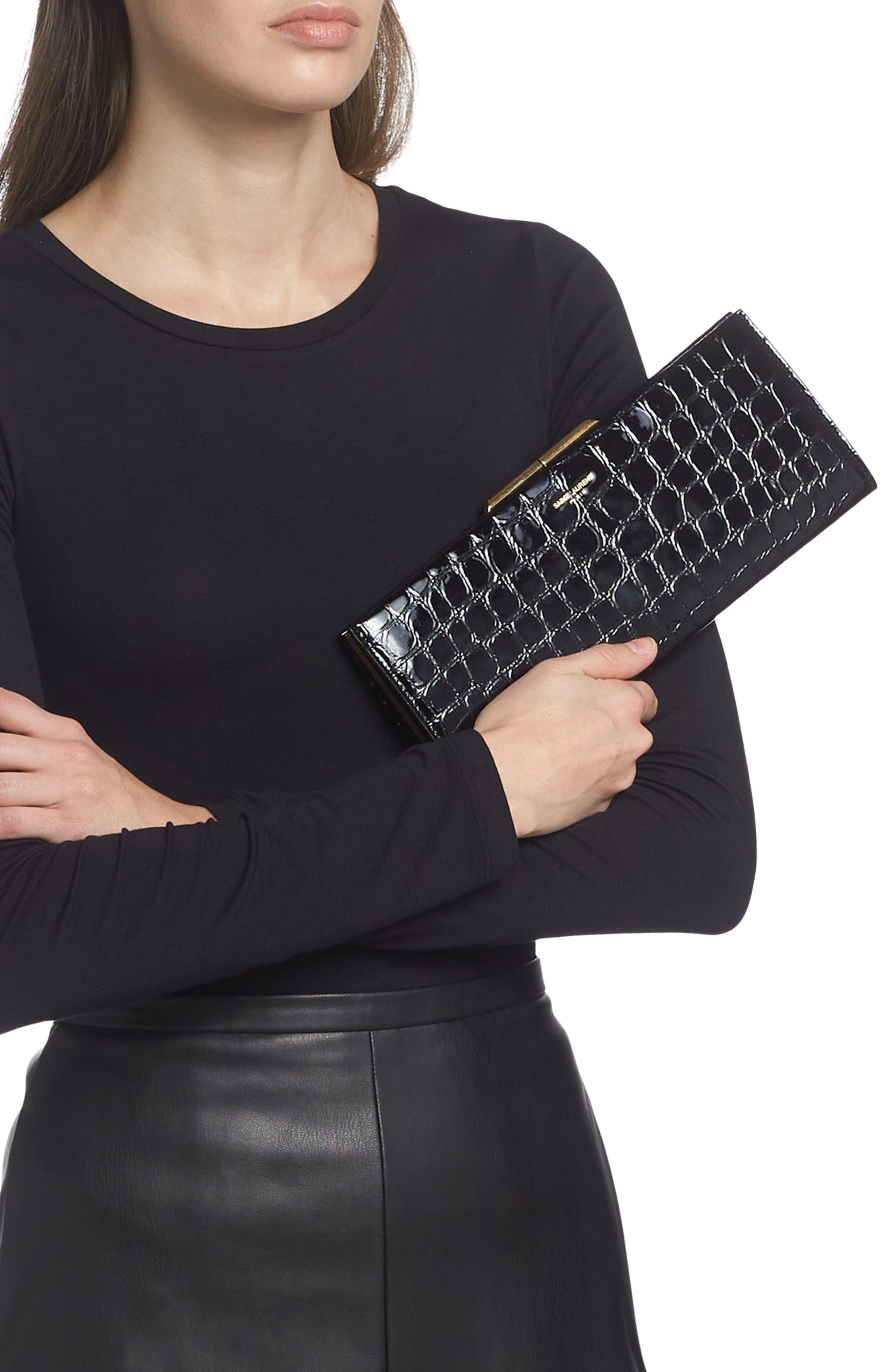 Saint Laurent Midnight Croc Embossed Leather Clutch, Alternate, color, 