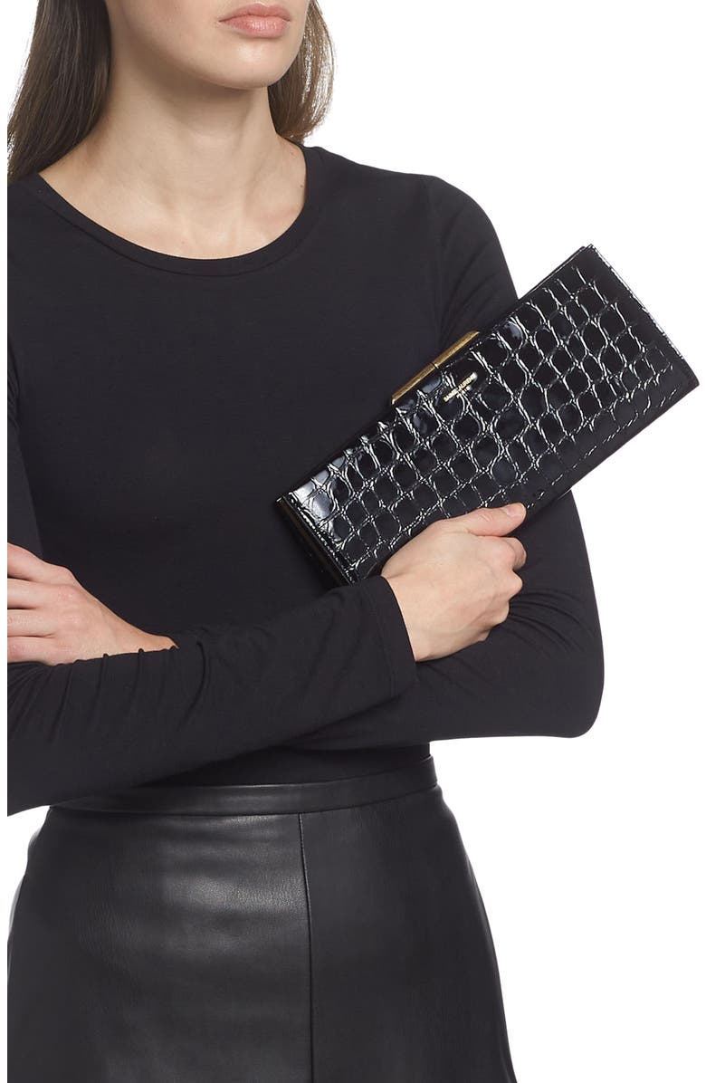 Saint Laurent Midnight Croc Embossed Leather Clutch, Alternate, color,