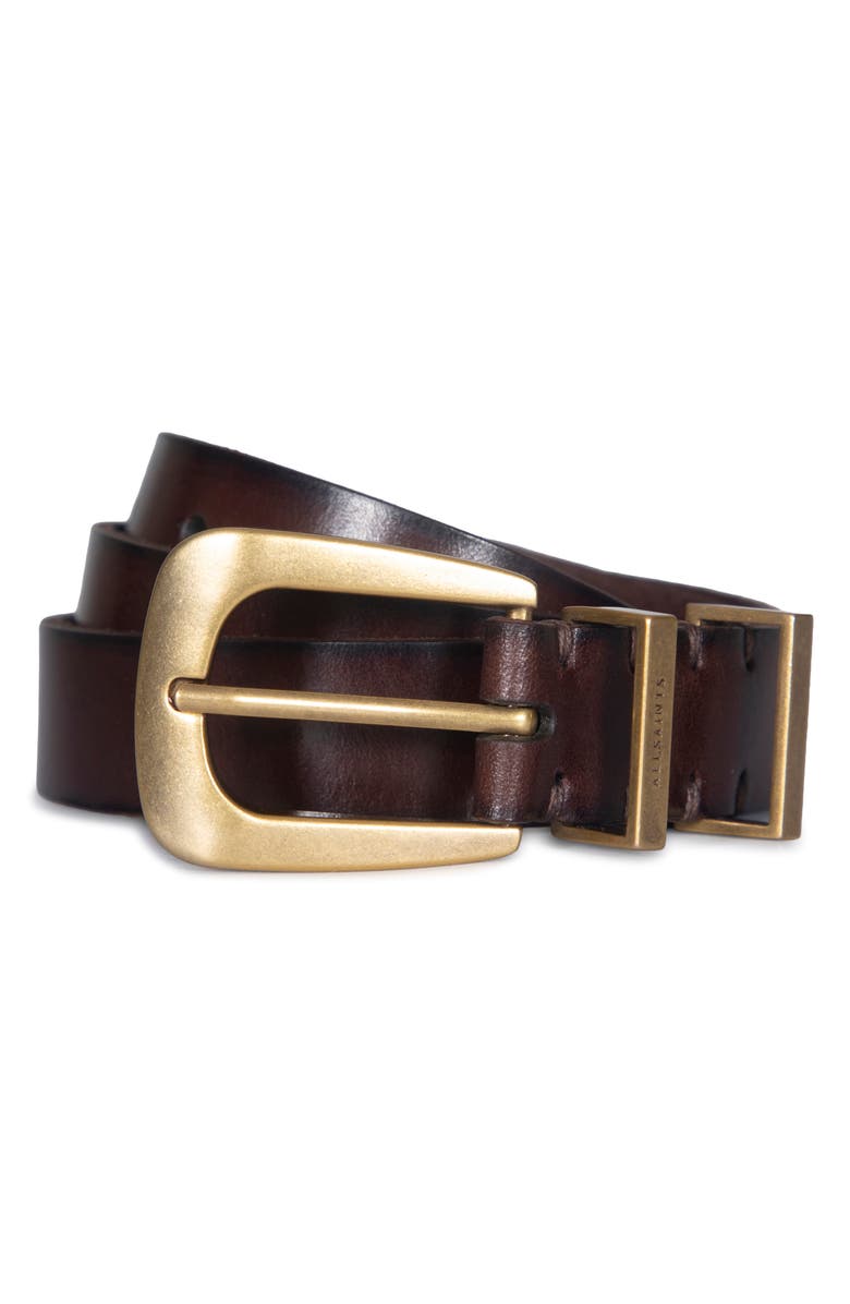 AllSaints Calfskin Leather Belt, Alternate, color, Brown