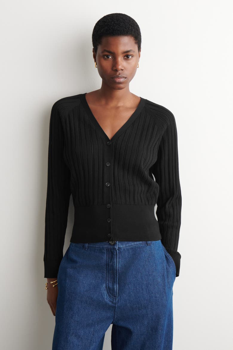 Pointelle-Knit Cotton Cardigan, Main, color, BLACK