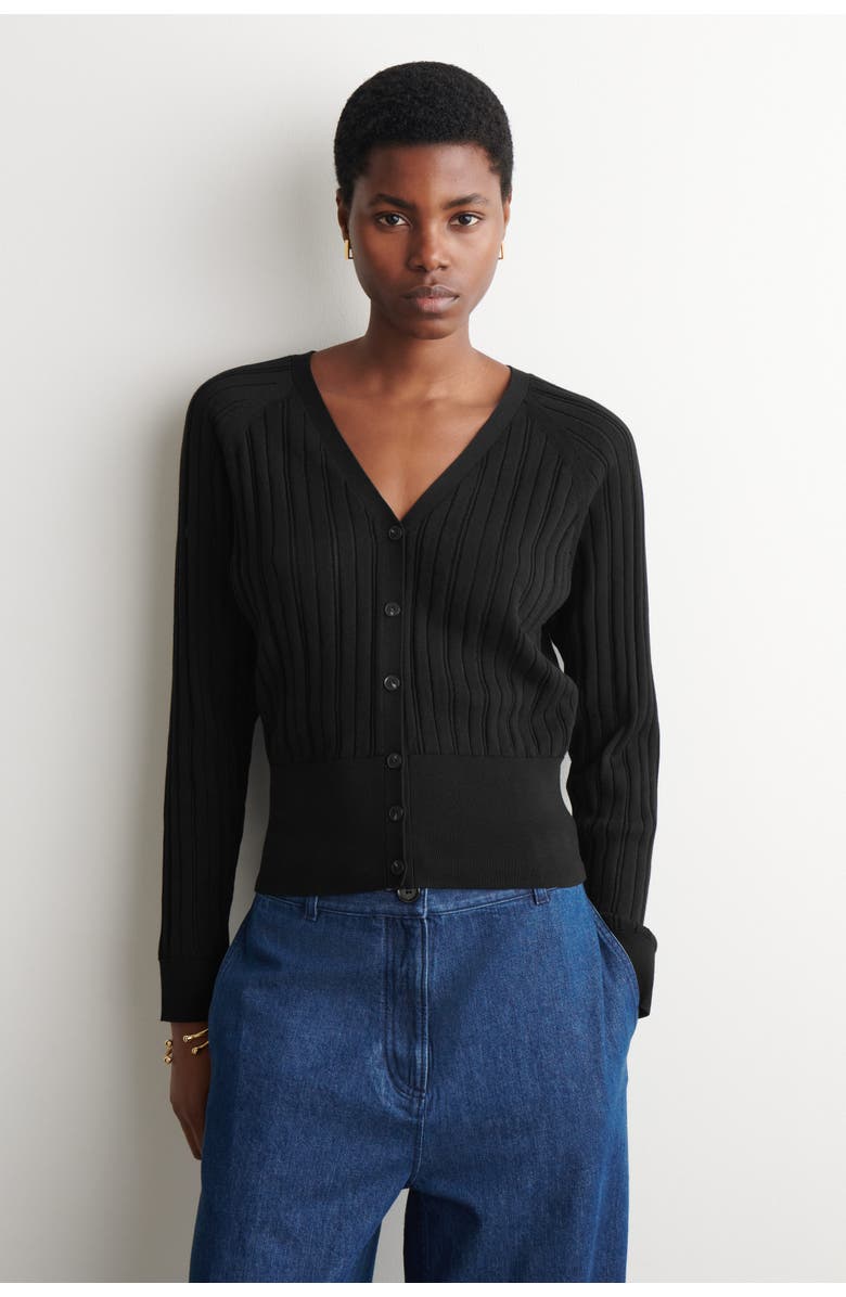 COS Pointelle-Knit Cotton Cardigan, Main, color, Black