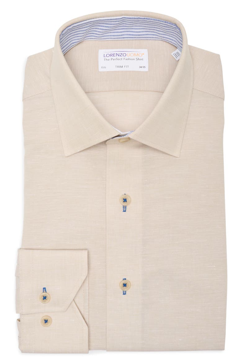Trim Fit Textured Cotton & Linen Dress Shirt, Alternate, color, TAN