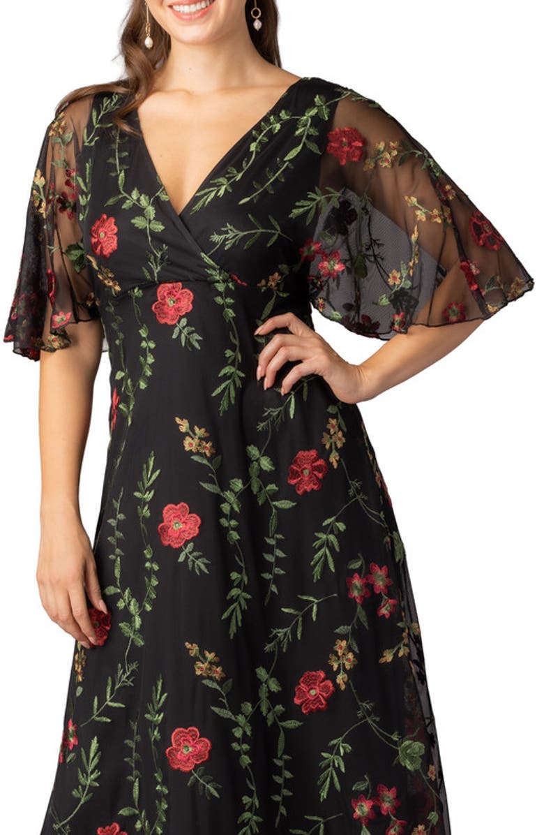 Kiyonna Embroidered Elegance Evening Gown with Sleeves, Alternate, color, Onyx