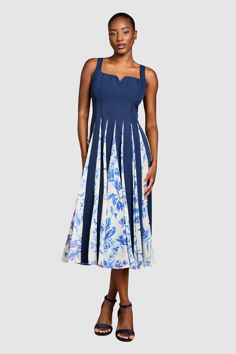 Printed Crepe Midi Dress, Main, color, Navy