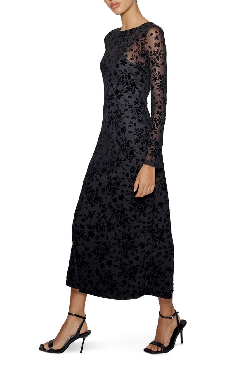 Clarissa Floral Devoré Long Sleeve Midi Dress, Alternate, color, BLACK
