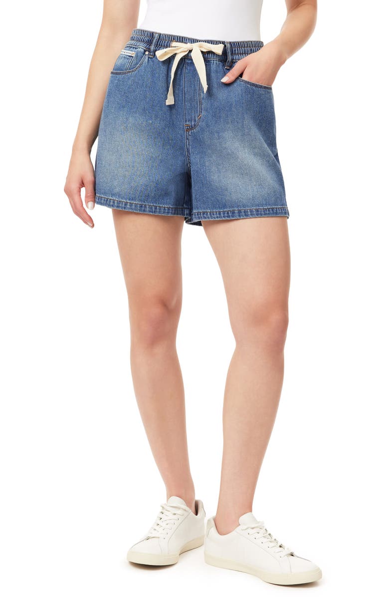 Kensie Drapey High Waist Drawstring Denim Shorts, Main, color, Melbourne