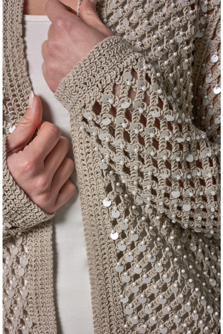 Pearl Detail Open Knit Cardigan, Alternate, color, SANDSTONE