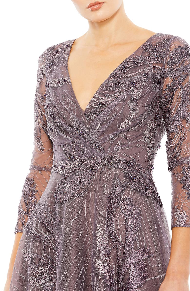 Mac Duggal Embellished Wrap Over 3/4 Sleeve Dress, Alternate, color, Aubergine
