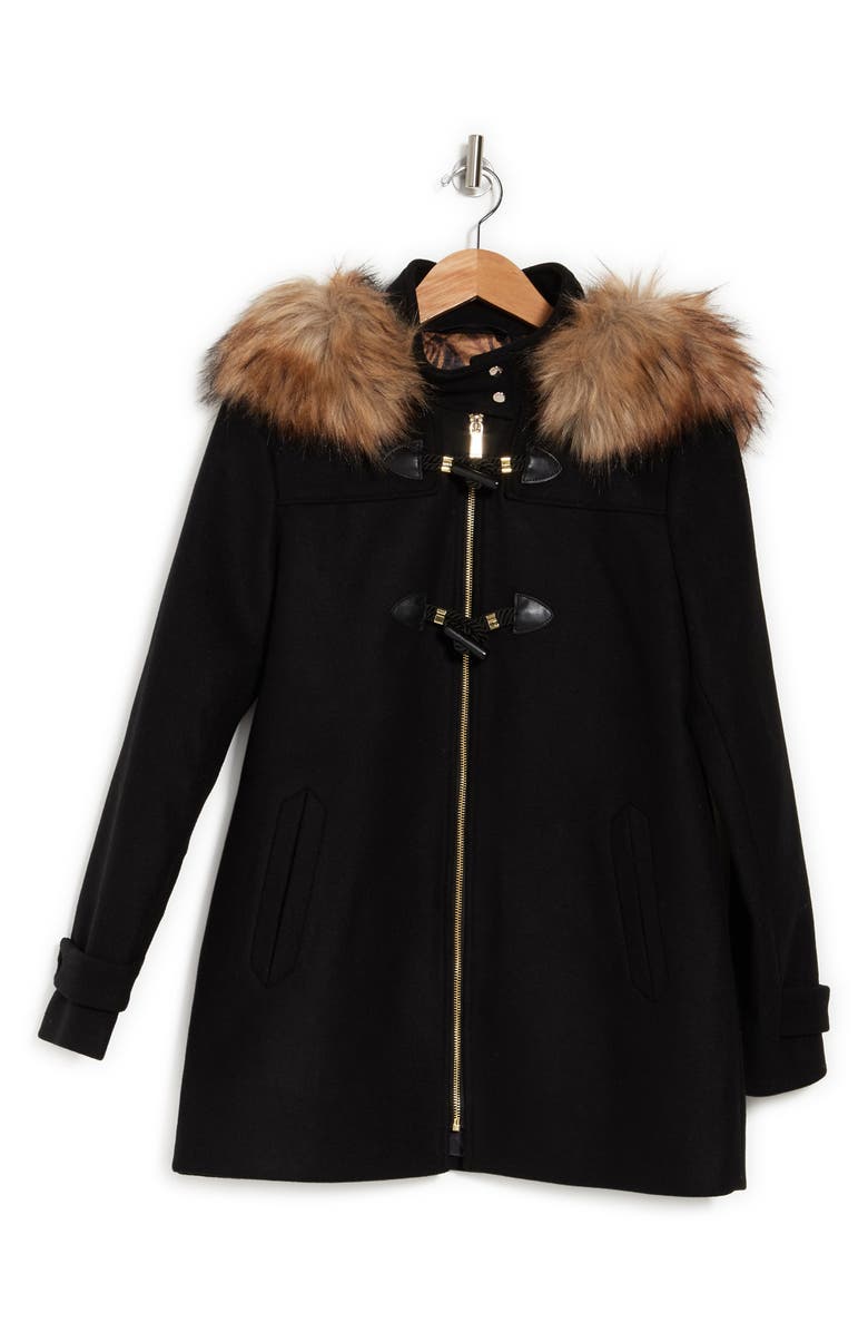 Nine West Faux Fur Trim Hooded Toggle Coat, Alternate, color,