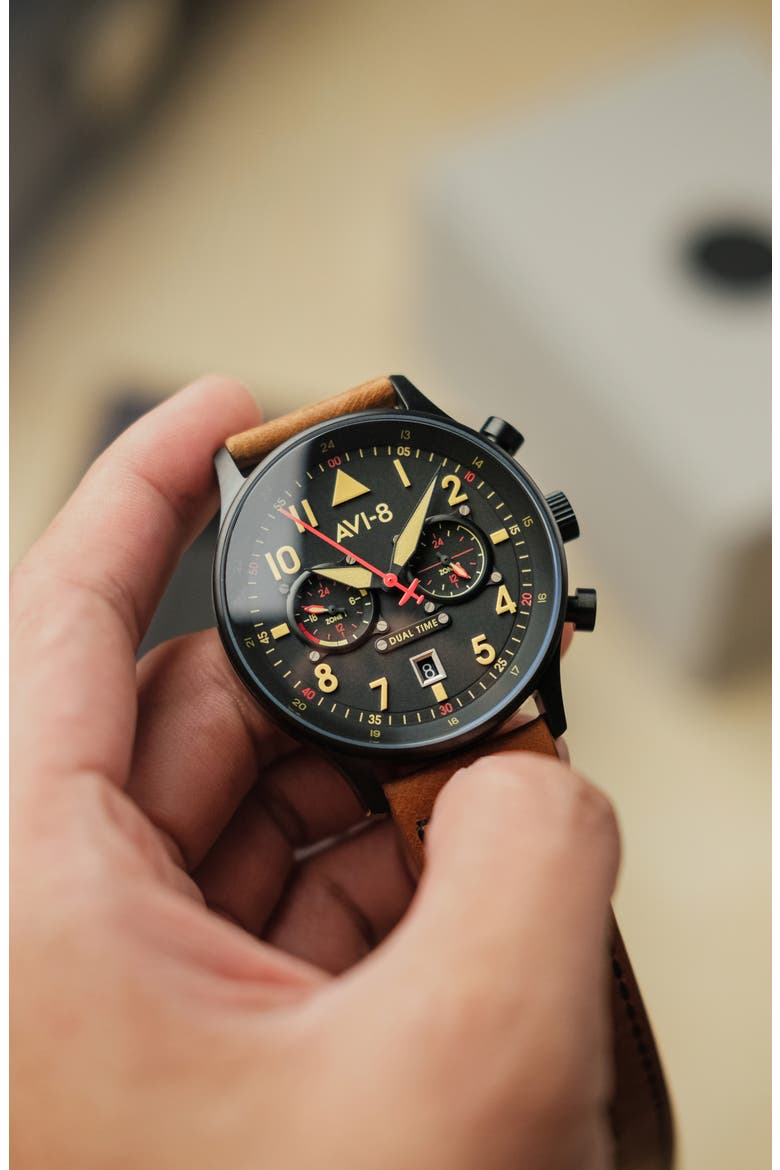 Hawker Hurricane Carey Chronograph Leather Strap Watch, 44mm, Alternate, color, BLACK