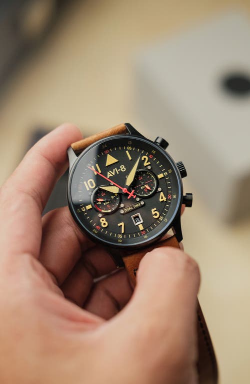 Avi-8 Hawker Hurricane Carey Chronograph Leather Strap Watch, 44mm In Black