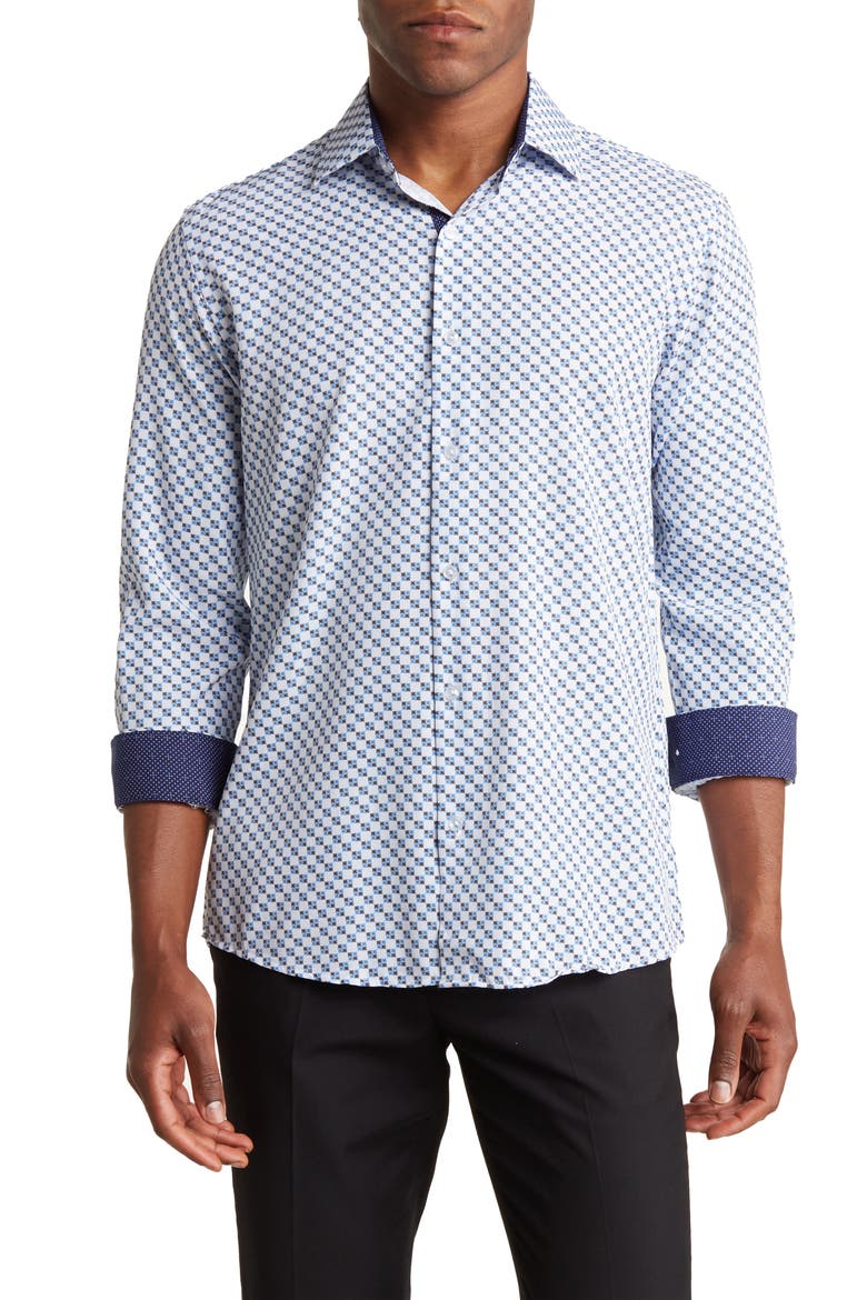 Slim Fit Geometric Print Performance Dress Shirt, Main, color, WHITE