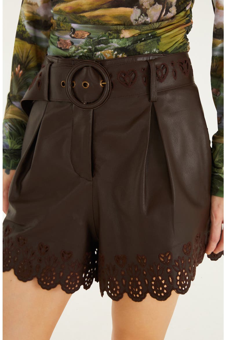 Hearts Cutout Belted Leather Shorts, Alternate, color, BROWN