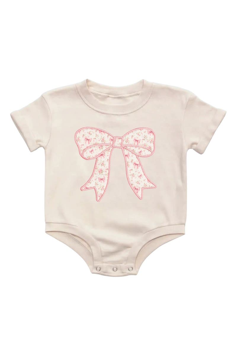 Sweet Wink Ditsy Floral Bow Patch Short Sleeve Romper, Main, color, Natural