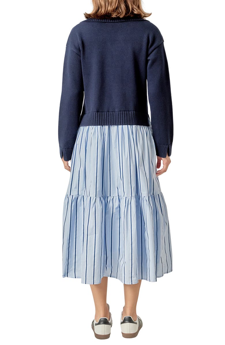 English Factory Mixed Media Long Sleeve Midi Dress, Alternate, color, Navy Blue Stripes