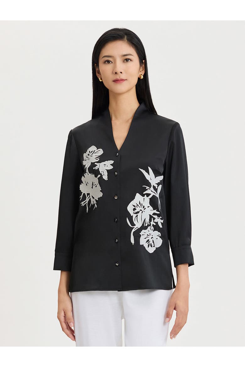 Embroidered Crepe de Chine Blouse, Alternate, color, Black/New Ivory