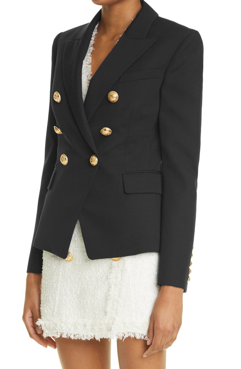 Balmain Double Breasted Wool Grain de Poudre Jacket, Alternate, color,