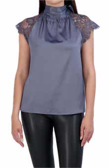 Ookie & Lala Tie Back Mock Neck Lace Sleeve Satin Blouse