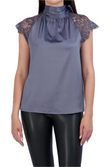 Ookie & Lala Tie Back Mock Neck Lace Sleeve Satin Blouse In Charcoal