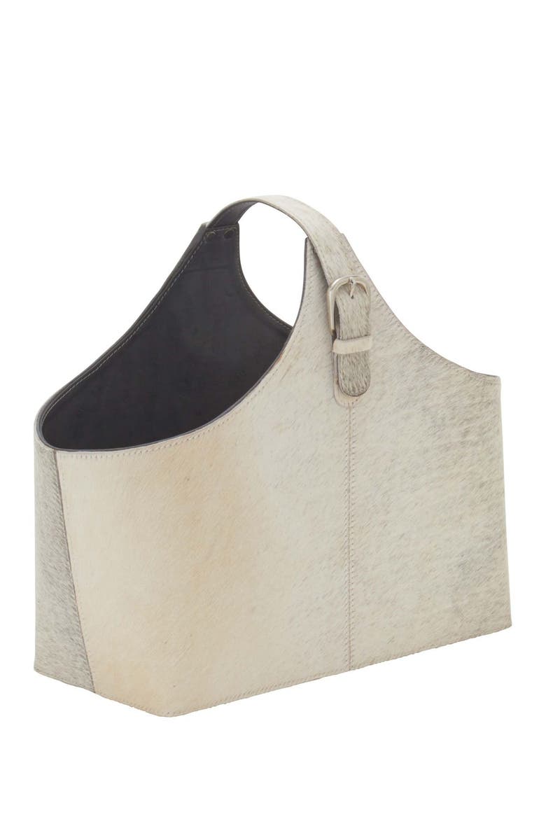 Gray Genuine Goat Hair & Leather Magazine Holder with Detail Stitching & Curved Handles, Main, color, WHITE