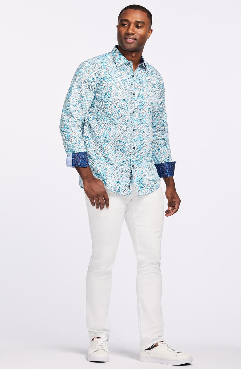 Robert Graham Maze Print Cotton Button-Up Shirt, Alternate, color, Blue