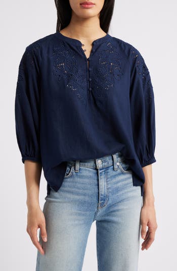 Caslon ® Embroidered Cutwork Split Neck Linen Blend Popover Top In Blue