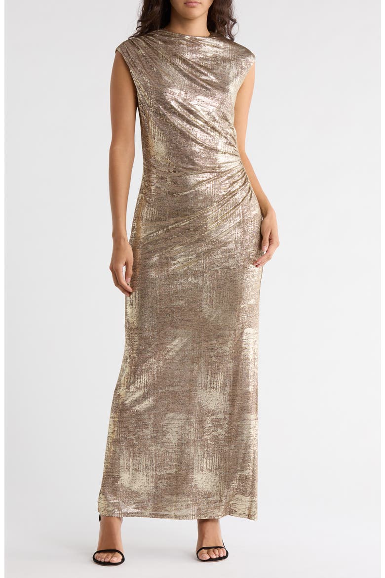 Foil Jersey Draped Midi Dress, Main, color, FLAX