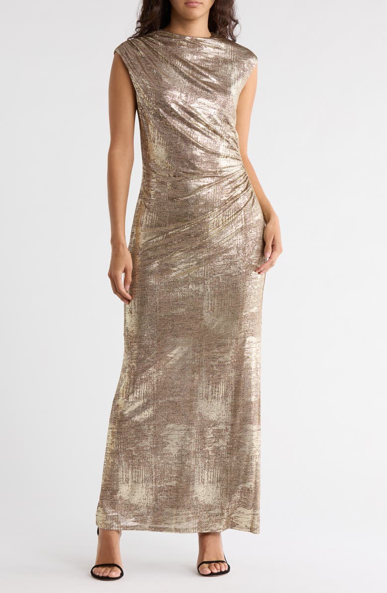 Connected Apparel Foil Jersey Draped Midi Dress, Main, color, Flax