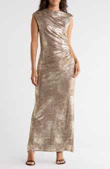 Connected Apparel Foil Jersey Draped Midi Dress