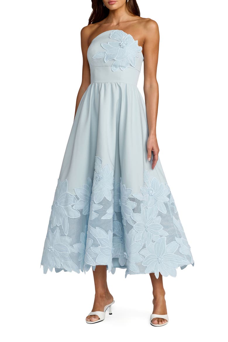 Lace Strapless A Line Midi Dress With 3D Flowers, Main, color, Powder Blue