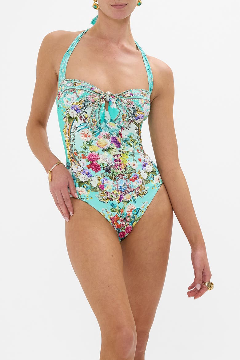Tie Front Halter Neck One Piece Gardens Of Queluz, Alternate, color, Gardens Of Queluz