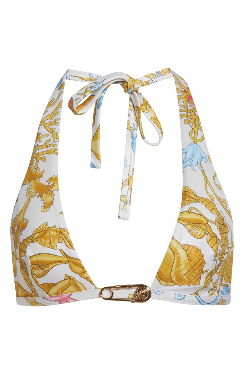 Versace Underwater Barocco Safety Pin Triangle Bikini Top, Alternate, color, Eggshell Multicolor