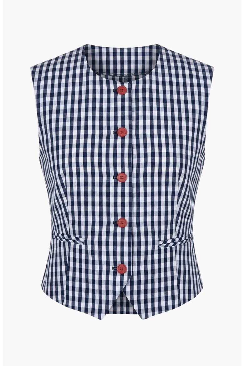 Sleeveless Gingham Button Front Top with Waist Tie, Alternate, color, Blue