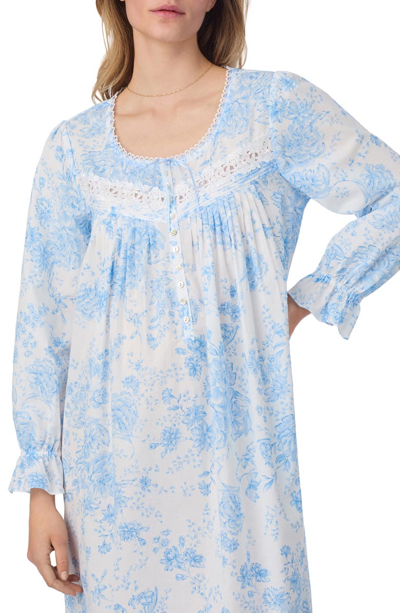 Eileen West Long Sleeve Cotton Lawn Ballet Nightgown, Alternate, color, White/ Blue Flower
