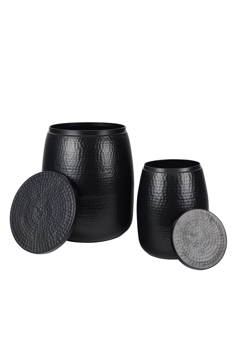 HAPPIMESS Merida Modern Rustic 2-Piece Hammered Metal Drum Storage Side Tables with Lids, Alternate, color, Matte Black