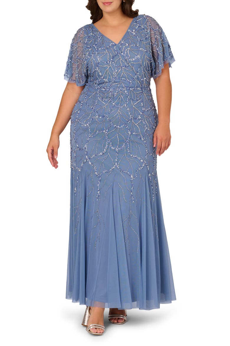Beaded Mesh Gown, Main, color, FRENCH BLUE