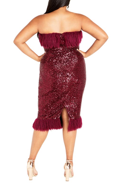 City Chic Feather Trim Sequin Strapless Dress In Red