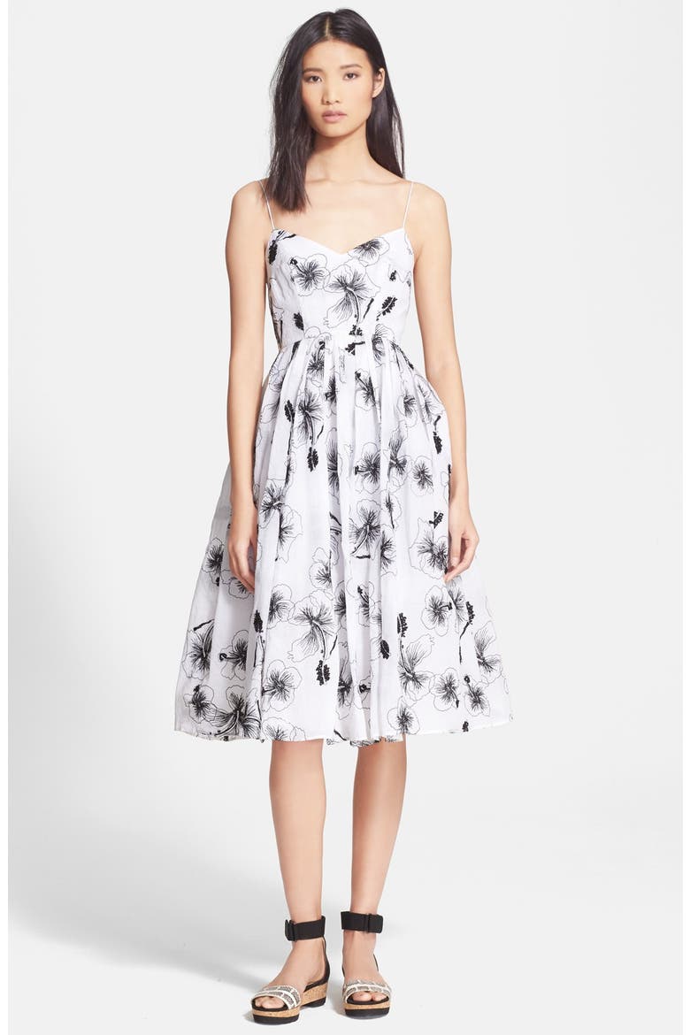 Embroidered Fit & Flare Dress, Main, color, BLACK ON SOFT WHITE