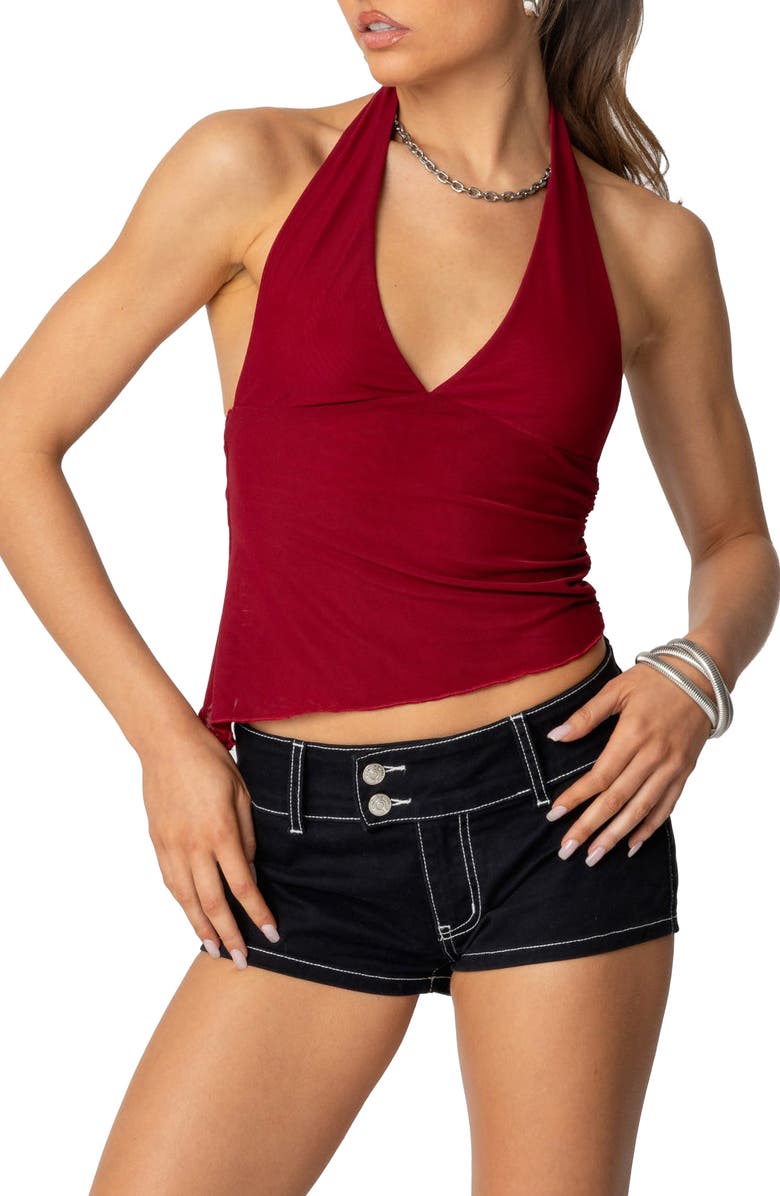 EDIKTED Rhett Asymmetric Halter Top, Main, color, Burgundy